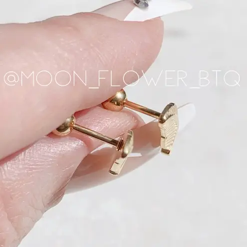 Gold Feather Barbell Stud Earrings