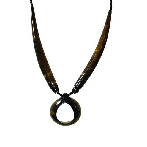 Brown Tan Horn Pendant Necklace Vintage Seed Beaded Strand Barrel Clasp Resin