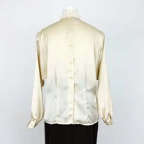 Vintage 90’s Sheer Satin Blouse with Lace in Cream | Size M Size M