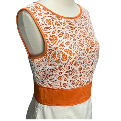 London Times Sheath Dress Womens 8 Orange White Lace Sleeveless Classic Chic