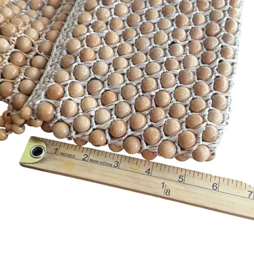 Vintage Beaded Handbag Natural Wood Raffia Woven Made in Japan Brown BOHO Retro Tan