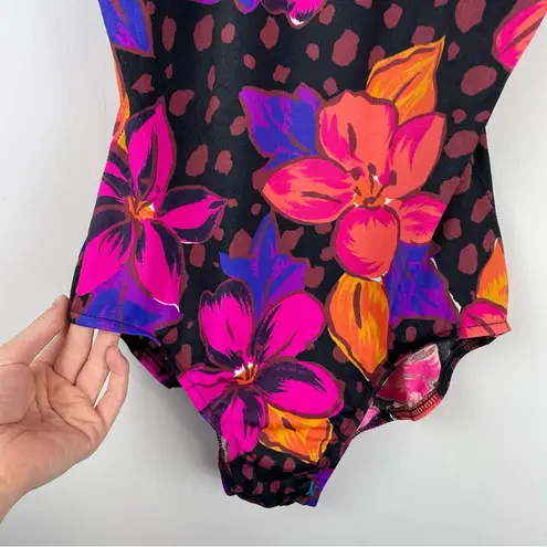 Vtg Abstract Print One Piece Swim Sz 14 Hawaiian Floral Dot Print Black