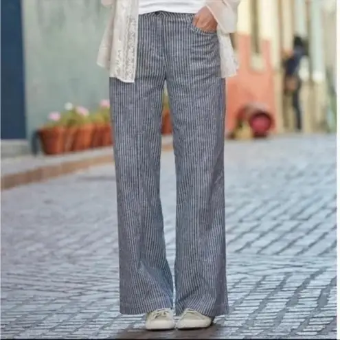 Sundance Women's 12 Petite Andover Navy and White Striped Wide Leg Linen Pants