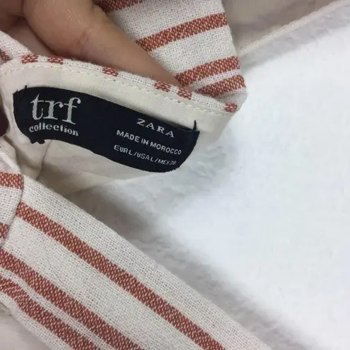 ZARA  Red Cream Stripe Button Crossover Bib Linen Mini Dress Large