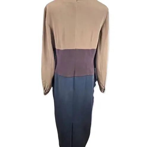 Vintage 90’s Pat Argenti Silk Neutral Colorblock Midi Dress M Tan Size 8