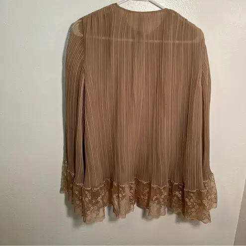 Long Sleeve Pleated Plisse Blouse Tan Brown Lace Hem Size L