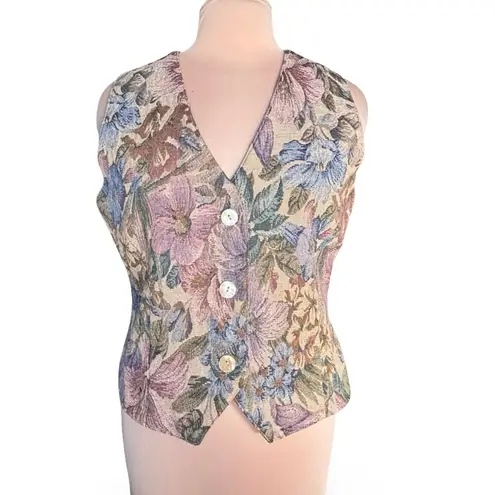 Vintage Floral Tapestry Vest Cottagecore Grandma Core Layering Waistcoat Large Tan Size M