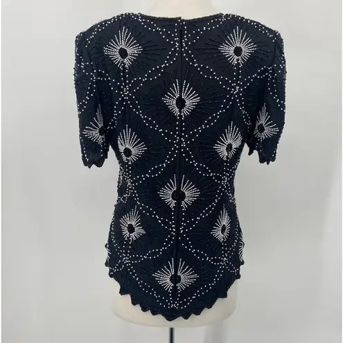 Scala Vintage Pure Silk Beaded Pearl Top Short Sleeve Black White Womens size XL