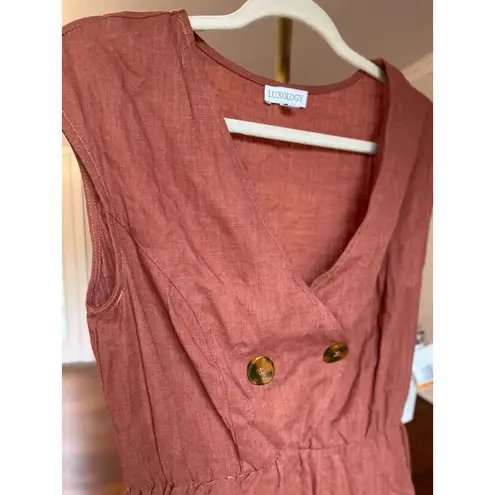 Luxology NWTs Rust Linen Dress Summer Spring Minimalist Button V Neck Boho Beach