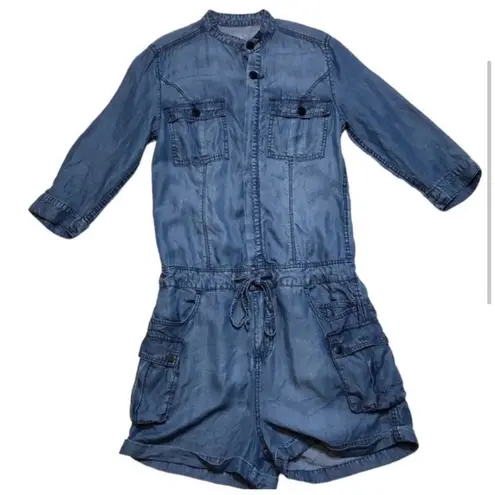BLANK NYC  Denim Utility Romper XS Drawstring Waist and Long Sleeve