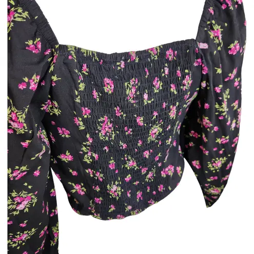 VERO MODA Womens Medium VMANNA Long Sleeve Crop Top Black Pink Floral Smock NWT