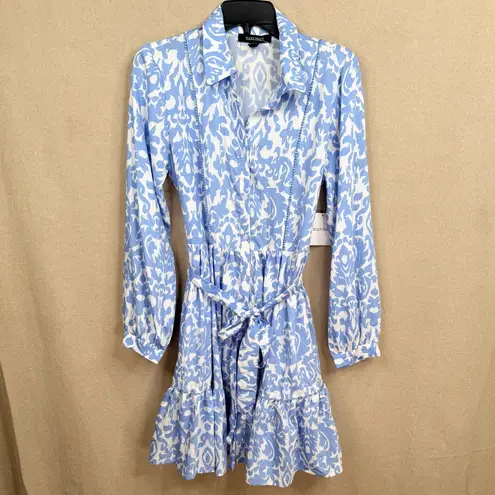 Ellen Tracy Long Sleeve Blue and White Dress Tie Waist Shirtdress Blue Damask S