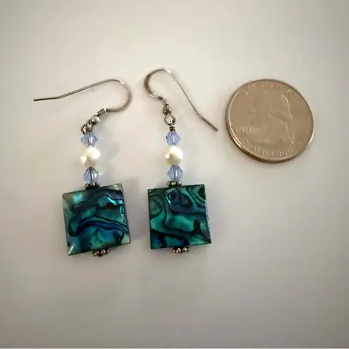 Estate Abalone Shell Pearl Crystal Sterling Silver Earrings NEVER WORN Blue