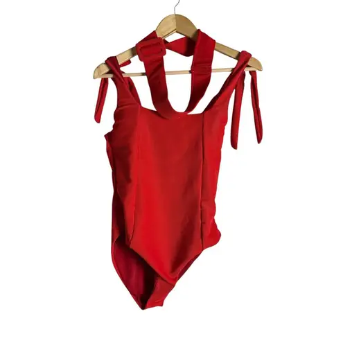 Beach Riot Sydney Red Belted Tie Shoulder Square Neck One Piece Swimsuit Size L