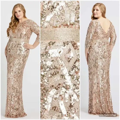 Mac Duggal Womens Plus Size Beaded Sequin 3/4 Sleeve Gown Rose Gold 4857