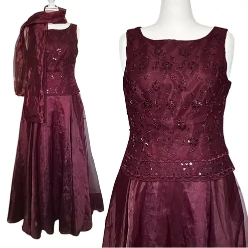 Vintage 90s Maroon Whimsigoth Prom Dress & Scarf XL Sequins A Line Vamp Romantic Purple