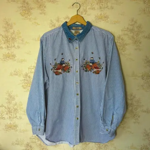 Vintage 90s blue striped denim fall pumpkin patch teddy bear button up shirt Size XXL