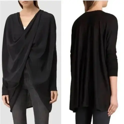 ALLSAINTS NWT  ITAT ASYMMETRICAL TOP Black 100% Silk 100% Merino Wool Shrug XS