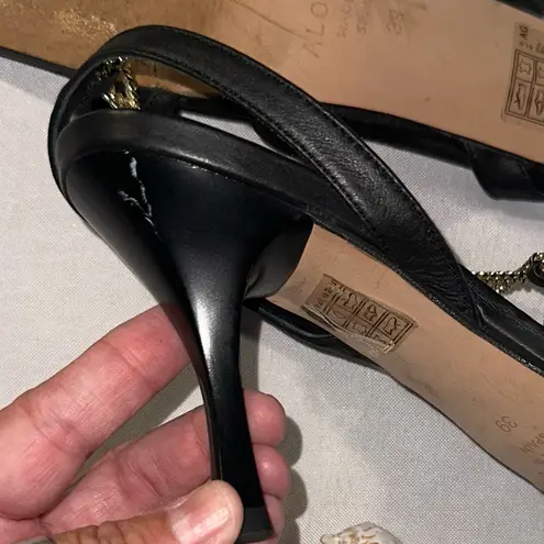 ALOHAS • Leather Straps Chain Black Square Toes Heels Summer Spain Sz 39 Size 8