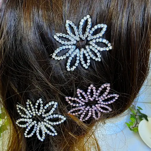 Set of Six Flower Rhinestone Hair Barrettes Pink