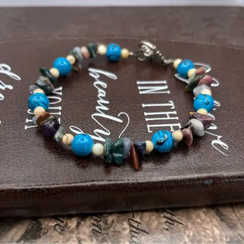 Handmade Gemstone Beaded Bracelet w/ Flower Clasp Boho Y2K Blue