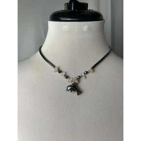 Vintage Dolphin pendant charm hematite beaded metallic necklace Silver
