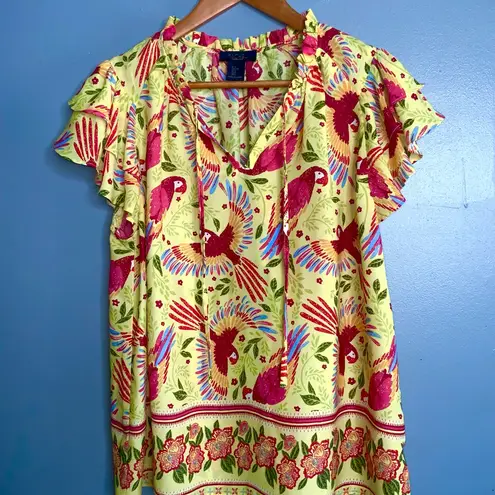 Rachel Roy Red &Yellow Colorful Parrot Print Short Ruffle Sleeve Blouse Large Green Size undefined