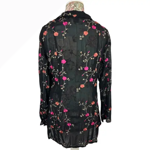 Karen Kane Black Embroidered Floral Sheer Kimono Jacket Blazer Size 8 Whimsigoth