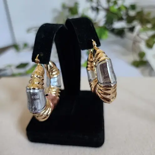 Tricolor Gold Filled Chunky Hoop Earrings Greek Key Design