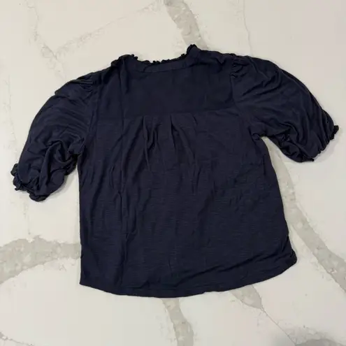 Democracy Floral Embroidered Button Front Blouse Ruffle Trim Women’s Medium Navy