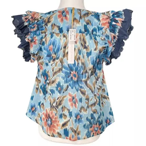 House of Harlow 1960 Zoey Blue Ruffle Cap Short Sleeve Blouse Top Small MSRP $88