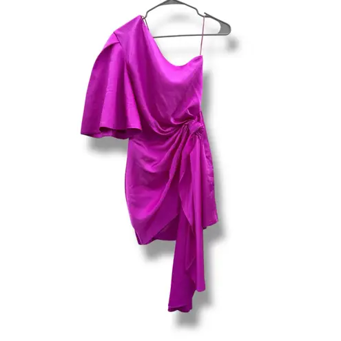 Solace London Marcie One Shoulder Draped Knot Mini Dress in Fuchsia Pink Sz 2