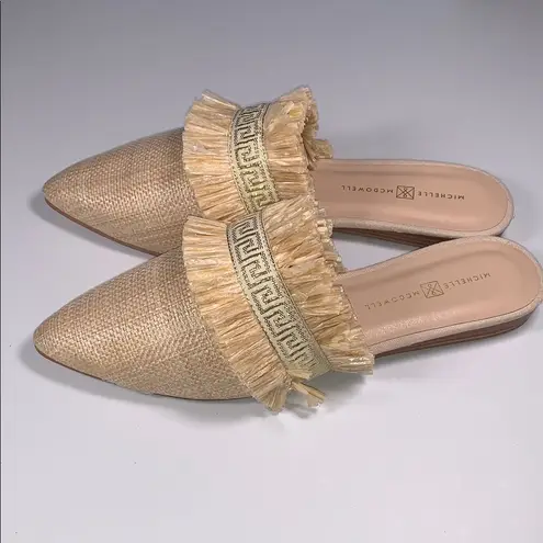 Michelle McDowell Carmen Natural Tan Woven Raffia Gold Mules Slip On Fringe 8