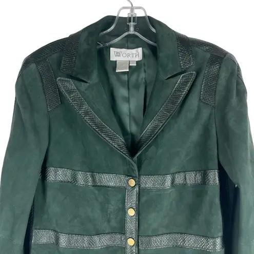 Worth NY Snake Leather Trim Suede Jacket Snap Button Dark Green Size 4