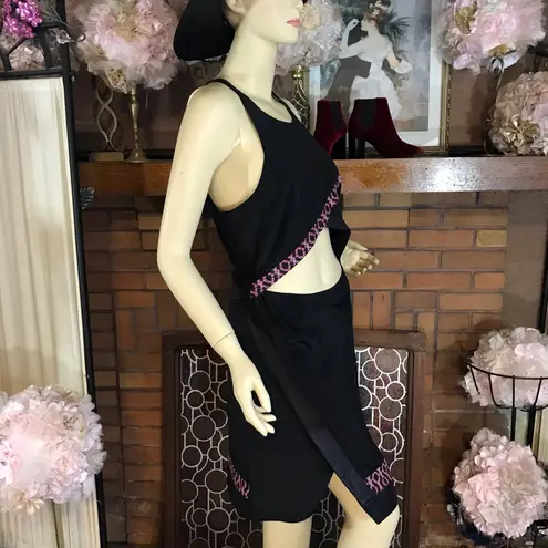 THAKOON ADDITION BLACK SILK DRESS WITH LAMBSKIN LEATHER TRIM AND RED PATTERN (6)