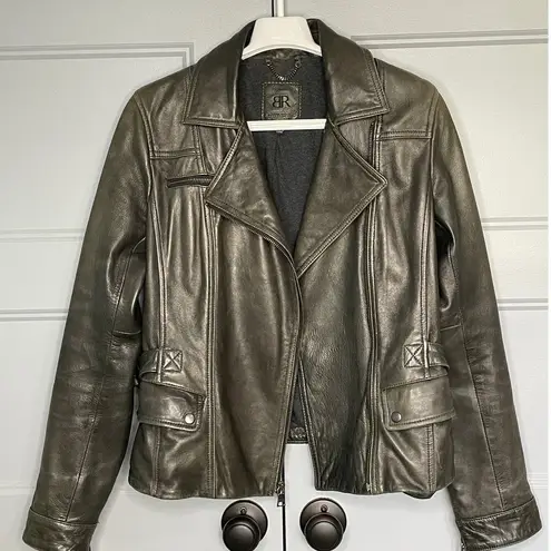 Banana Republic  Brown/Gray 100 % Leather Moto Zip Front Jacket Size Small