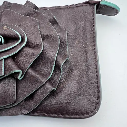 ILI New York Leather Wristlet Wallet Clutch Dark Brown Plum Rosette