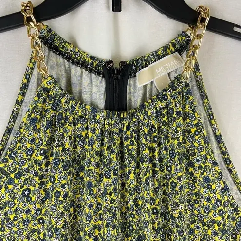 Michael Kors Yellow and Blue Floral Halter Swing Dress with Gold Chain Straps Size L