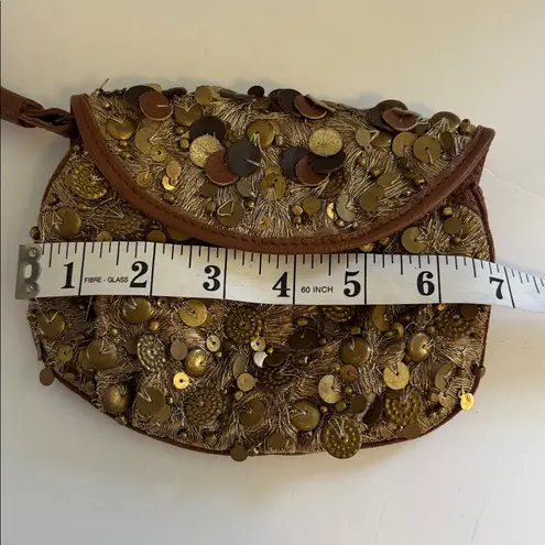 GOLD SEQUIN BEADED WRISTLET WITH BROWN LEATHER NO BRAND TAG MADE IN INDIA