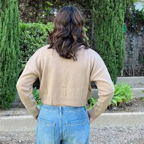 Love Tree Cardigan Sweater Floral Knitted Oversized Boxsy Waist Length Khaki Brown