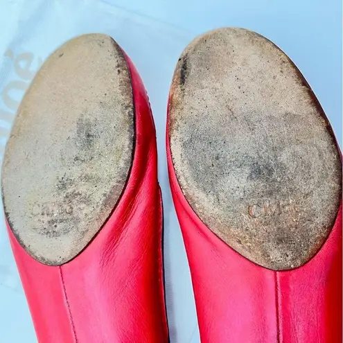 Chloé Chloe Red Leather Ballet Flats w/Black Trim & Brass Logo Nameplate Vintage-38 EU