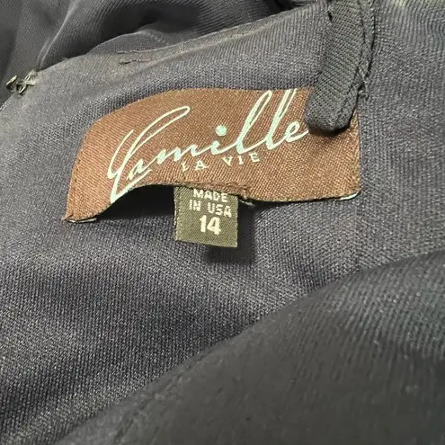 Camille La Vie Evening Gown Navy Draped w/ Fabric Flowers Size 14