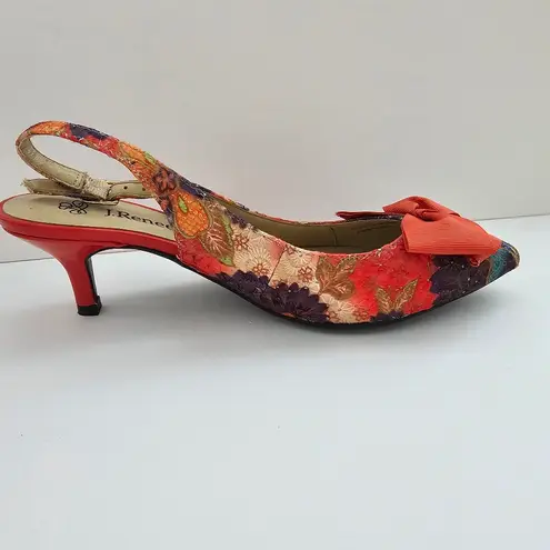 J. Renee Orange Tie Dye Flower Print Slingback Bow Kitten Heels Size 8