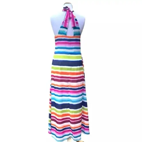 NWT V Cristina Multicolor Striped Halter Maxi Dress Rainbow Summer Size 6 White