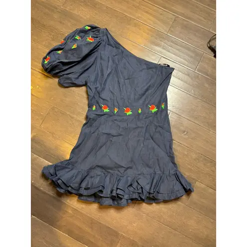 Fanm Mon Flame Mini Linen One Sleeve Ruffle Hem Floral Embroidery Dress Size L Blue Size L