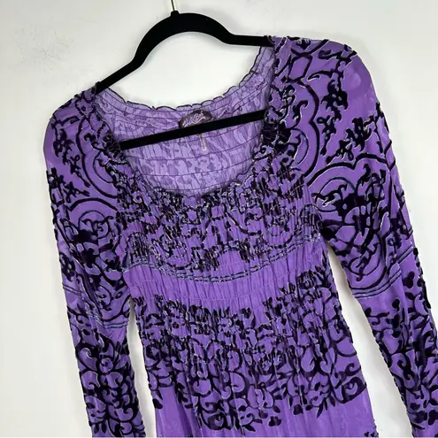 Hale Bob Velvet Burnout Top Sz XS Long Sleeve Ruched Purple Black Floral