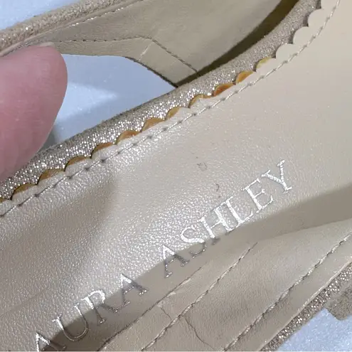 Laura Ashley Sand Metallic Rosette Slingback Peep Toe Shoes 6 1/2 Floral Cottage