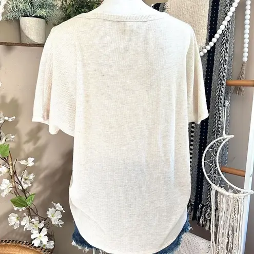 7th Ray  Neutral Waffle Knit Front Tie Button Down Oversized Top