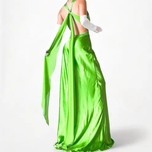 Neon Green Beaded Satin Maxi Bodycon Formal Prom Dress Size S