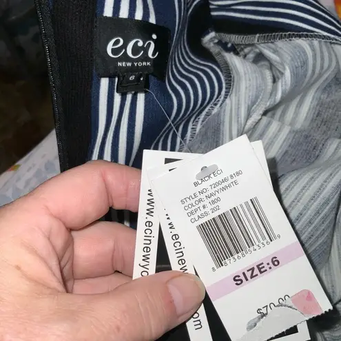 ECI Navy Blue &White Striped Bell Cuff Career Dressy Dress 6 NWT